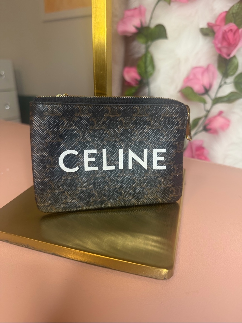 CELINE Triomphe Canvas Hooked Coin & Card Pouch Pouch Bag Charm Brown Gold